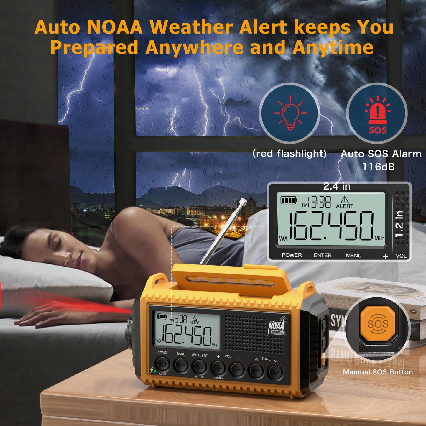 Emergency Radio with NOAA Weather Alert, Portable Solar Hand Crank AM/FM Radio for Survival,Rechargeable Battery Powered Radio,USB Charger,Flashlight,Reading Lamp,for Home Outdoor