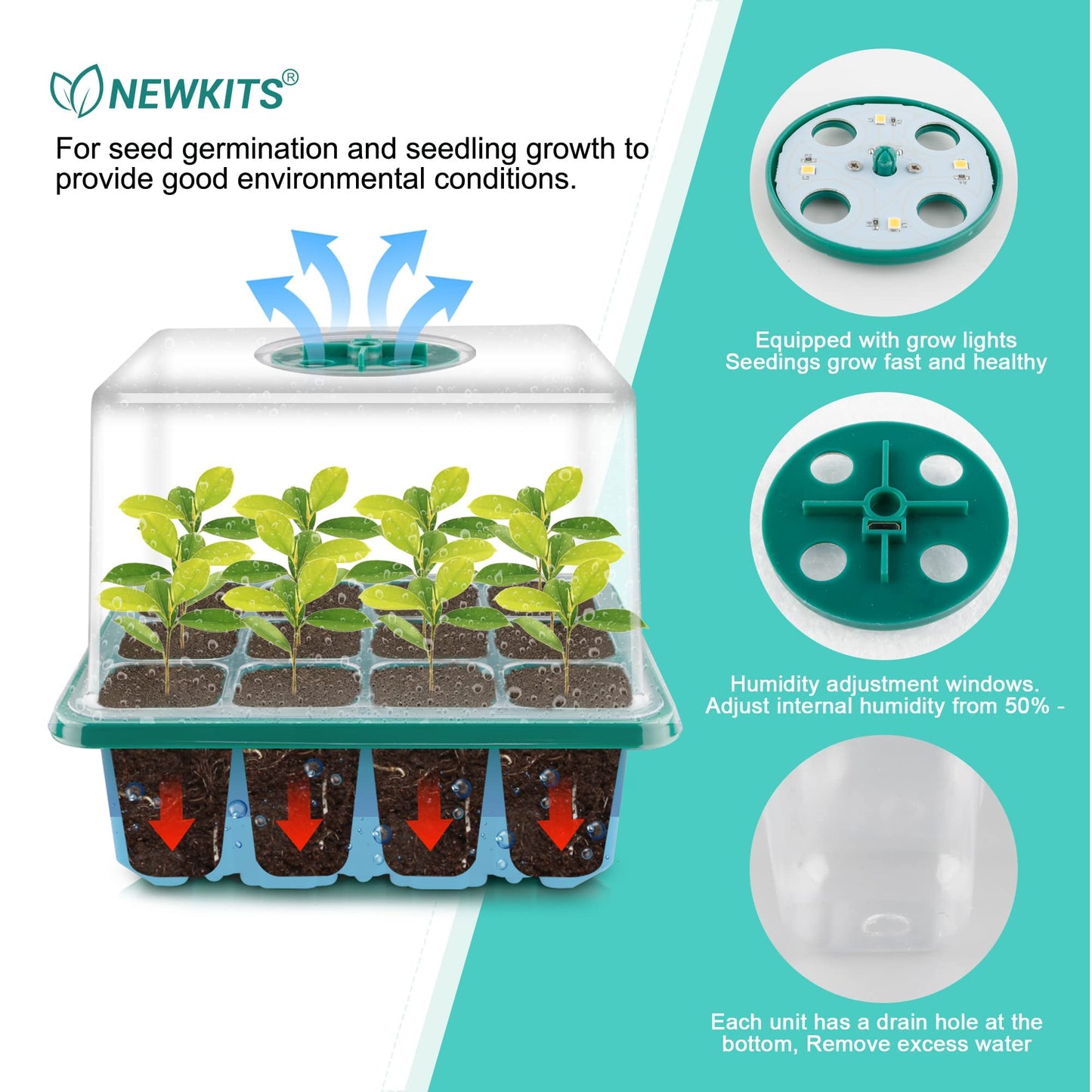 Seed Starter Tray with Grow Light, Seed Starter Kit, Plant Germination Starting Trays with Humidity Dome and Base for Greenhouse Grow Wheatgrass Hydroponic(12 Cells per Tray)(with Grow Lights)