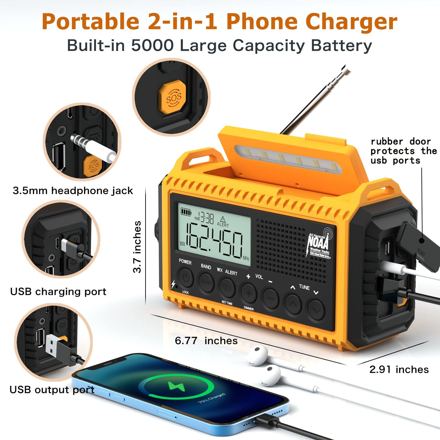 Emergency Radio with NOAA Weather Alert, Portable Solar Hand Crank AM/FM Radio for Survival,Rechargeable Battery Powered Radio,USB Charger,Flashlight,Reading Lamp,for Home Outdoor