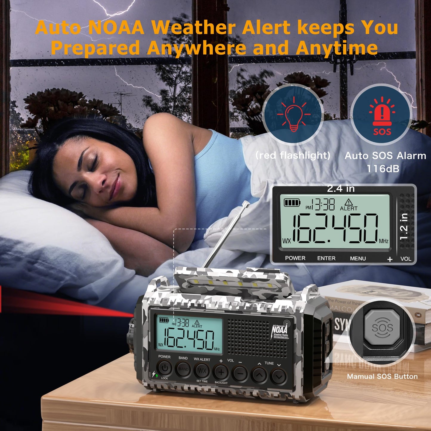 Emergency Radio with NOAA Weather Alert, Portable Solar Hand Crank AM/FM Radio for Survival,Rechargeable Battery Powered Radio,USB Charger,Flashlight,Reading Lamp,for Home Outdoor