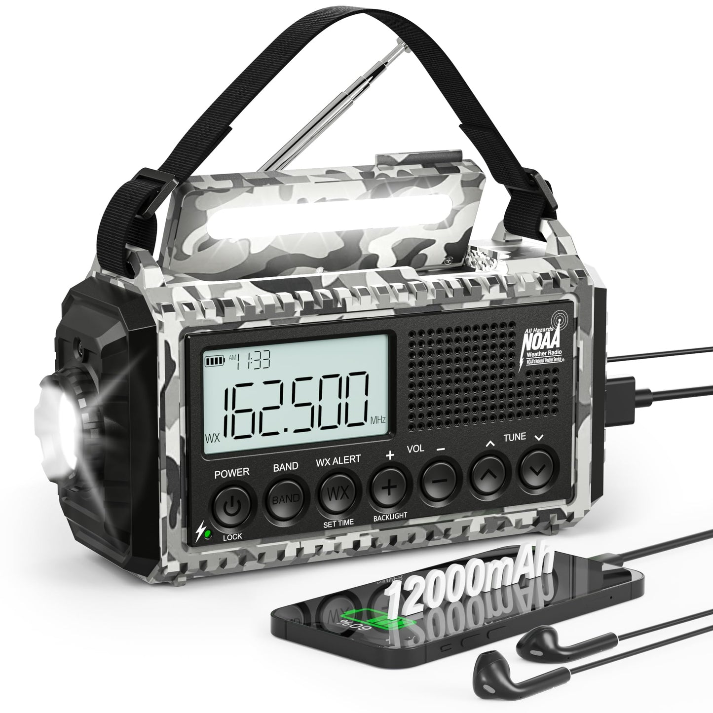 Emergency Radio with NOAA Weather Alert, Portable Solar Hand Crank AM/FM Radio for Survival,Rechargeable Battery Powered Radio,USB Charger,Flashlight,Reading Lamp,for Home Outdoor
