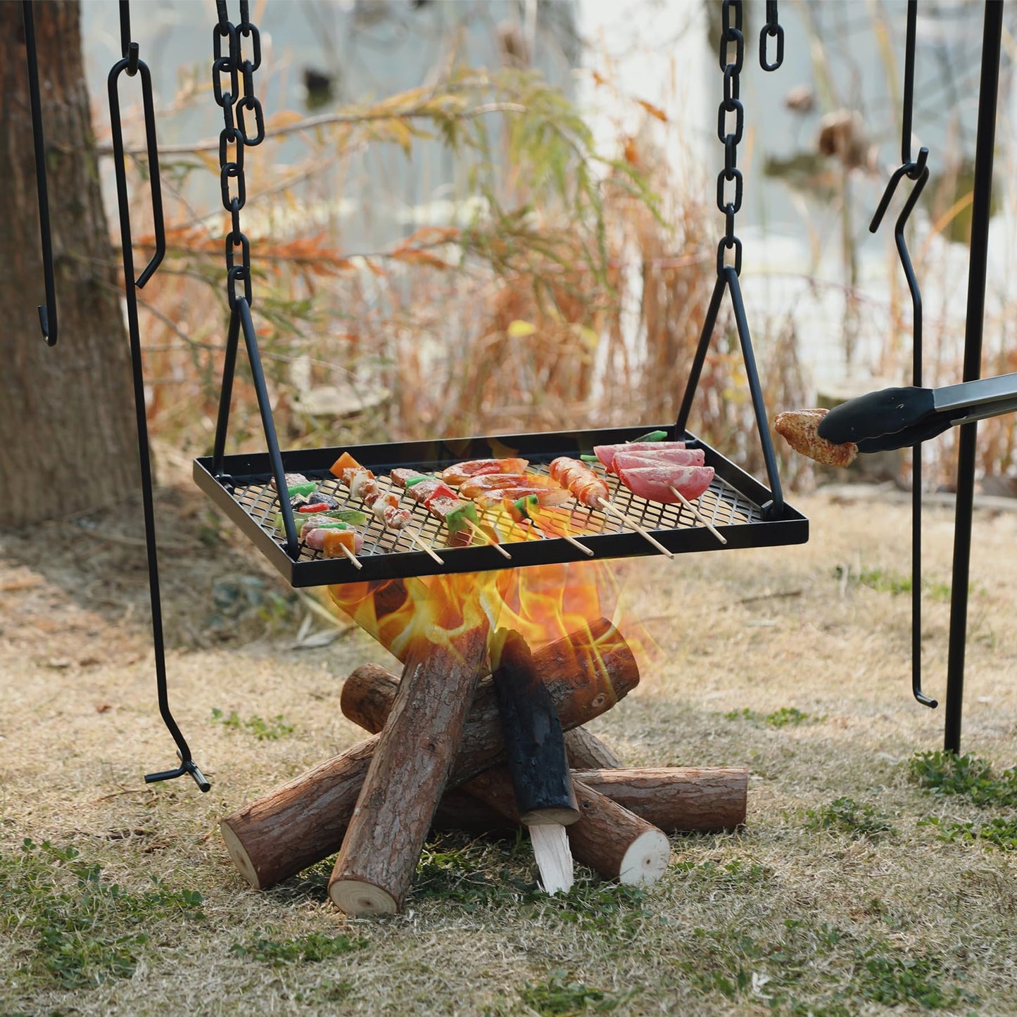 REDCAMP Grill Swing Campfire Grill Stand with Iron Grill Grate, Collapsible Campfire Cooking Rack w/6 Hooks,Portable Cookware Hanging Rack Outdoor Camping Bonfire for Cookware & Dutch Oven,Rectangle