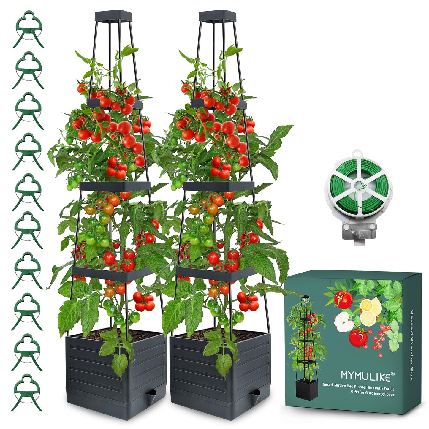Raised Garden Bed Planter Box with Trellis, 58” Tomato Cage Planter Raised Garden Bed with Trellis for Climbing Vegetables Plants Tomato Cage w/Self-Watering, Indoor Outdoor Use (2)