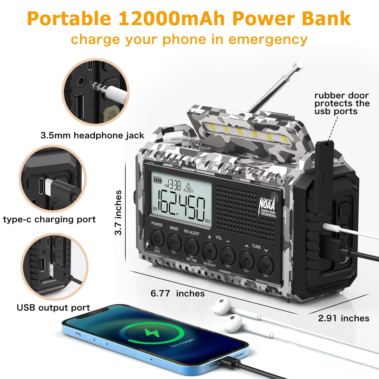Emergency Radio with NOAA Weather Alert, Portable Solar Hand Crank AM/FM Radio for Survival,Rechargeable Battery Powered Radio,USB Charger,Flashlight,Reading Lamp,for Home Outdoor