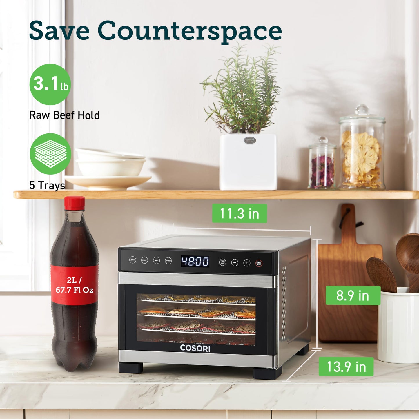 COSORI Food Dehydrator, Bigger Than 7 Trays With Large 6.5" Drying Space, 600W Power Saves More Time Than 480W, 165Β°F Dehydrated Dryer for Jerky, Dog Treats, Herbs, Meat, Fruit, and Yogurt, Silver