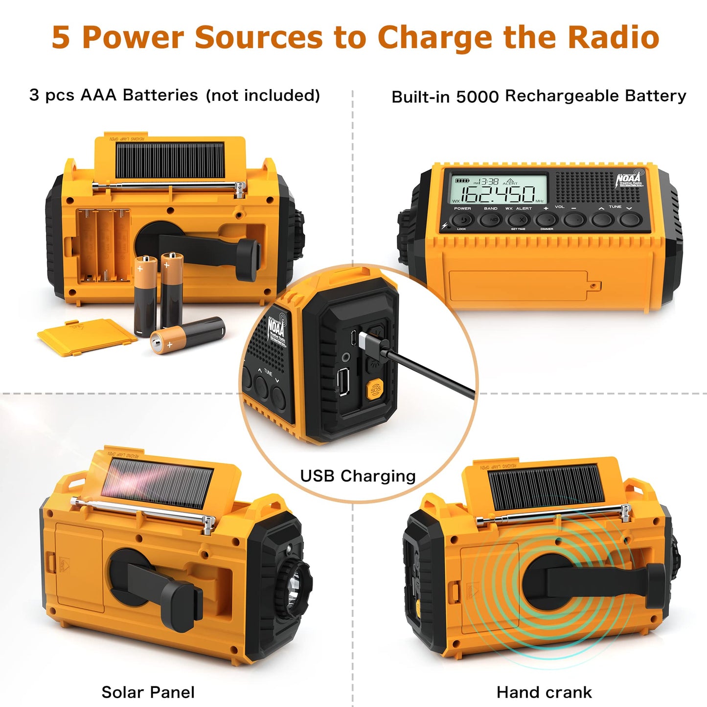 Emergency Radio with NOAA Weather Alert, Portable Solar Hand Crank AM/FM Radio for Survival,Rechargeable Battery Powered Radio,USB Charger,Flashlight,Reading Lamp,for Home Outdoor