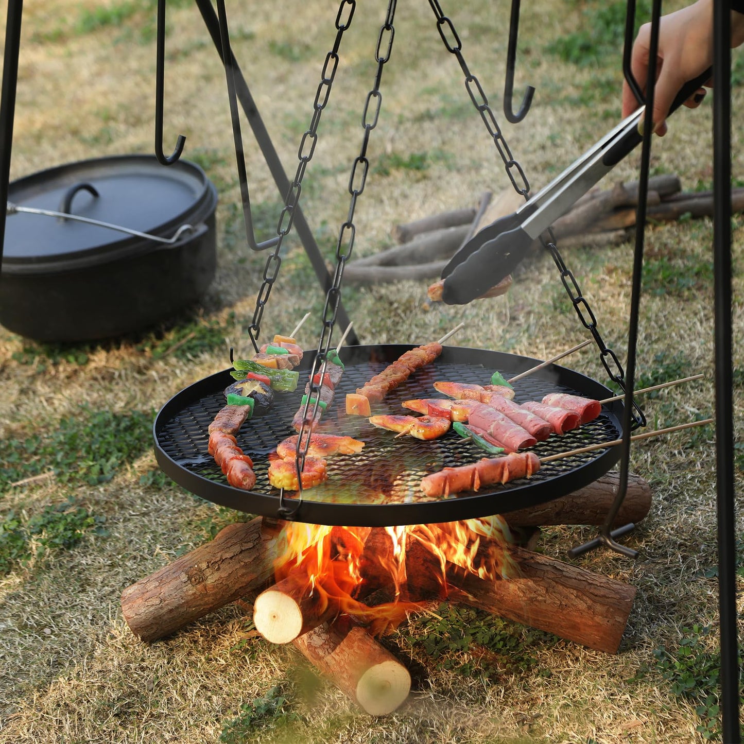 REDCAMP Grill Swing Campfire Grill Stand with Iron Grill Grate, Collapsible Campfire Cooking Rack w/6 Hooks,Portable Cookware Hanging Rack Outdoor Camping Bonfire for Cookware & Dutch Oven,Rectangle