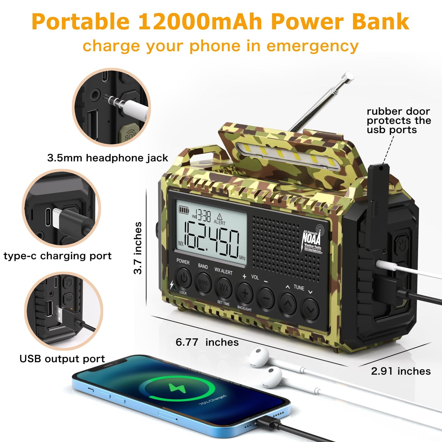 Emergency Radio with NOAA Weather Alert, Portable Solar Hand Crank AM/FM Radio for Survival,Rechargeable Battery Powered Radio,USB Charger,Flashlight,Reading Lamp,for Home Outdoor