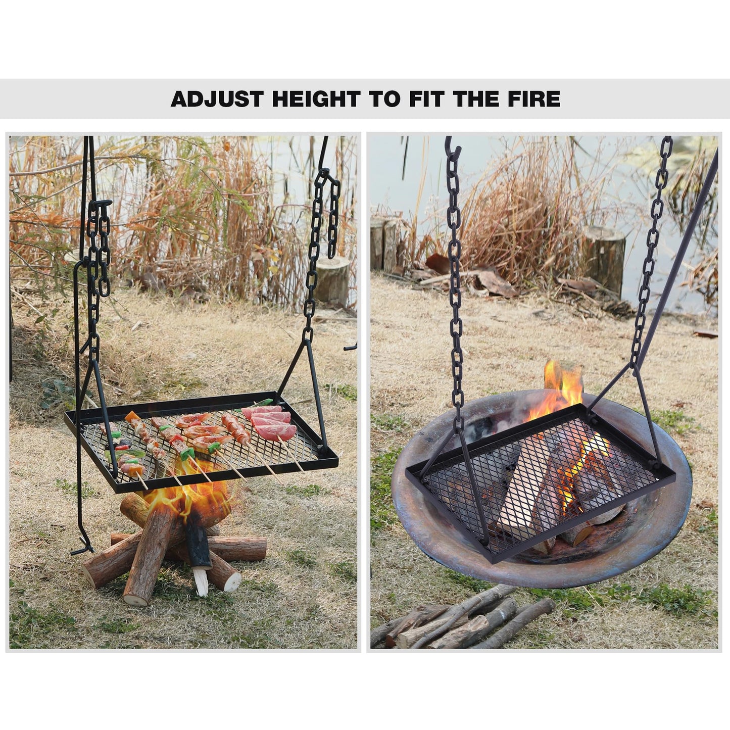 REDCAMP Grill Swing Campfire Grill Stand with Iron Grill Grate, Collapsible Campfire Cooking Rack w/6 Hooks,Portable Cookware Hanging Rack Outdoor Camping Bonfire for Cookware & Dutch Oven,Rectangle