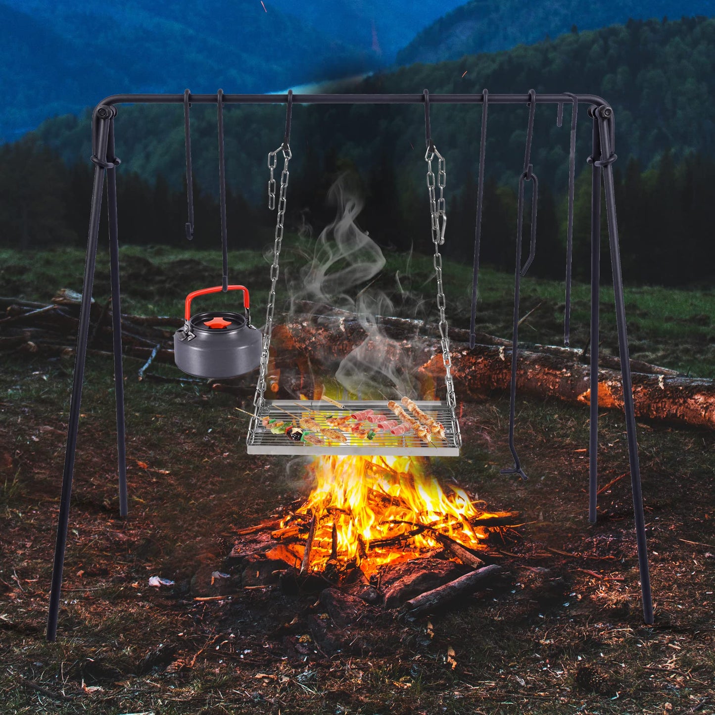 REDCAMP Grill Swing Campfire Grill Stand with Iron Grill Grate, Collapsible Campfire Cooking Rack w/6 Hooks,Portable Cookware Hanging Rack Outdoor Camping Bonfire for Cookware & Dutch Oven,Rectangle