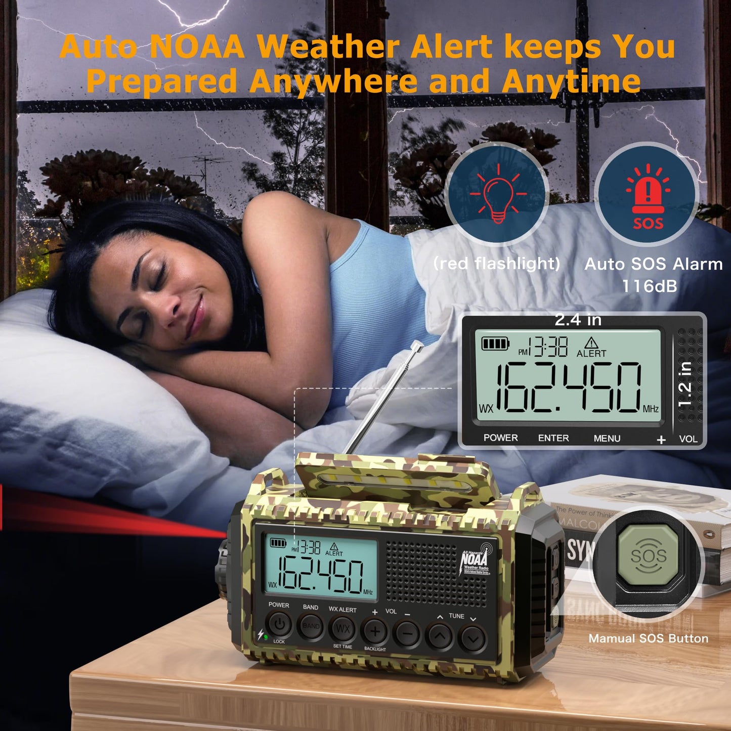 Emergency Radio with NOAA Weather Alert, Portable Solar Hand Crank AM/FM Radio for Survival,Rechargeable Battery Powered Radio,USB Charger,Flashlight,Reading Lamp,for Home Outdoor