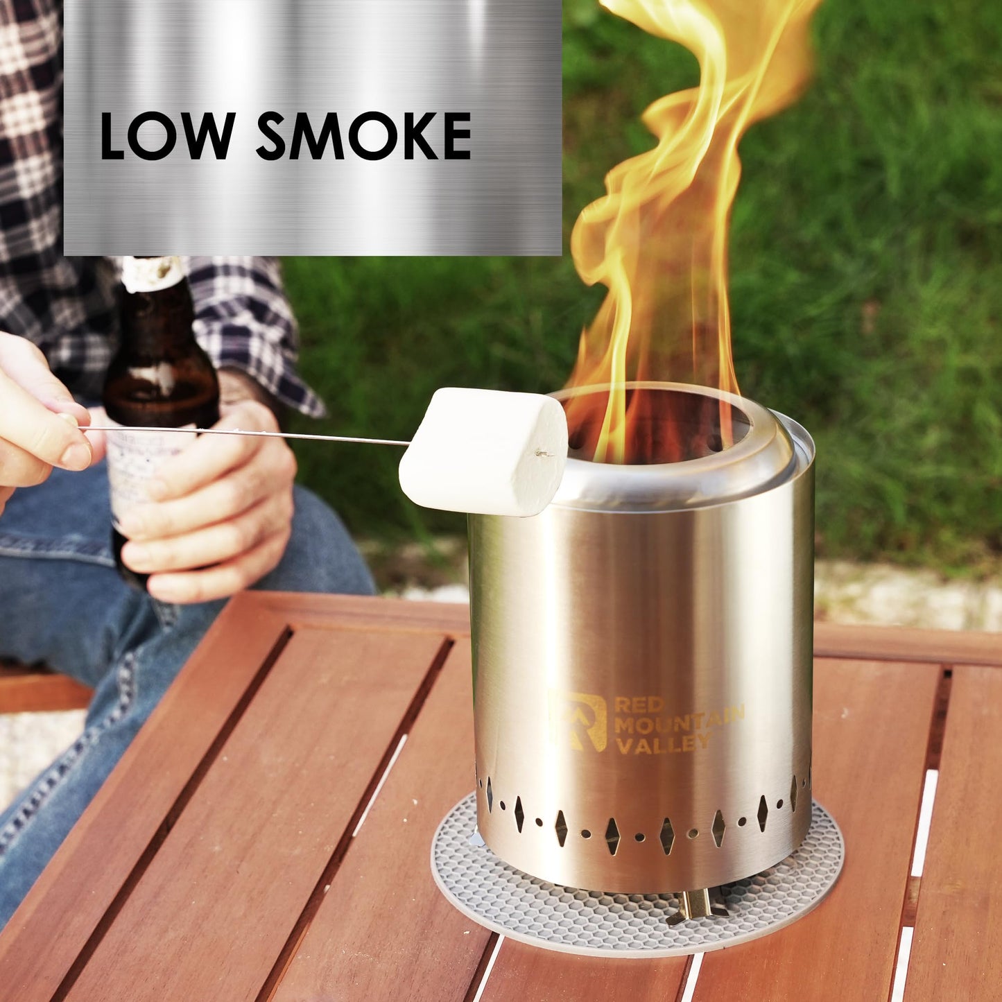 Red Mountain Valley Smokeless Tabletop Fire Pit with Mat, Portable Mini Low Smoke Camping Stove, with Travel Bag and Fireproof Mat, Stainless Steel Red, for Outdoor Enthusiasts