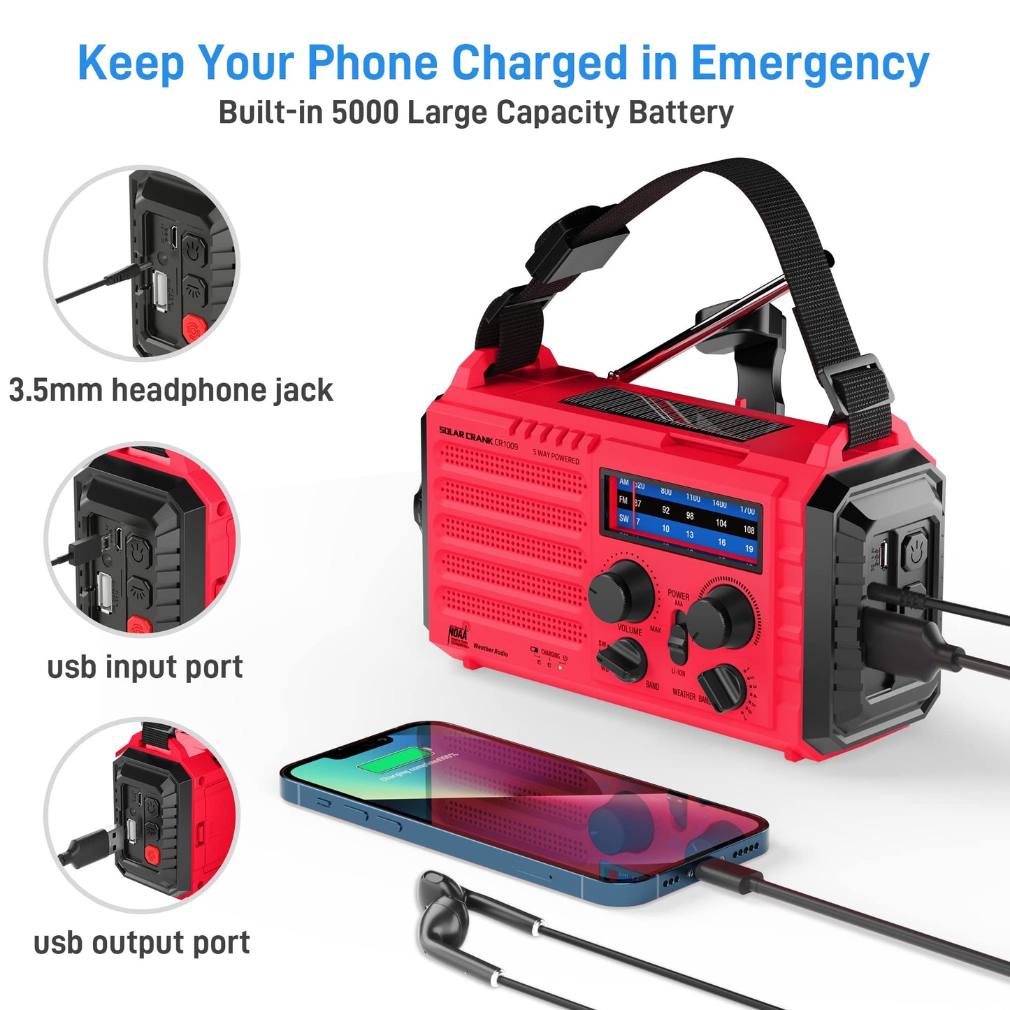 Emergency Radio with NOAA Weather Alert, Portable Solar Hand Crank AM/FM Radio for Survival,Rechargeable Battery Powered Radio,USB Charger,Flashlight,Reading Lamp,for Home Outdoor