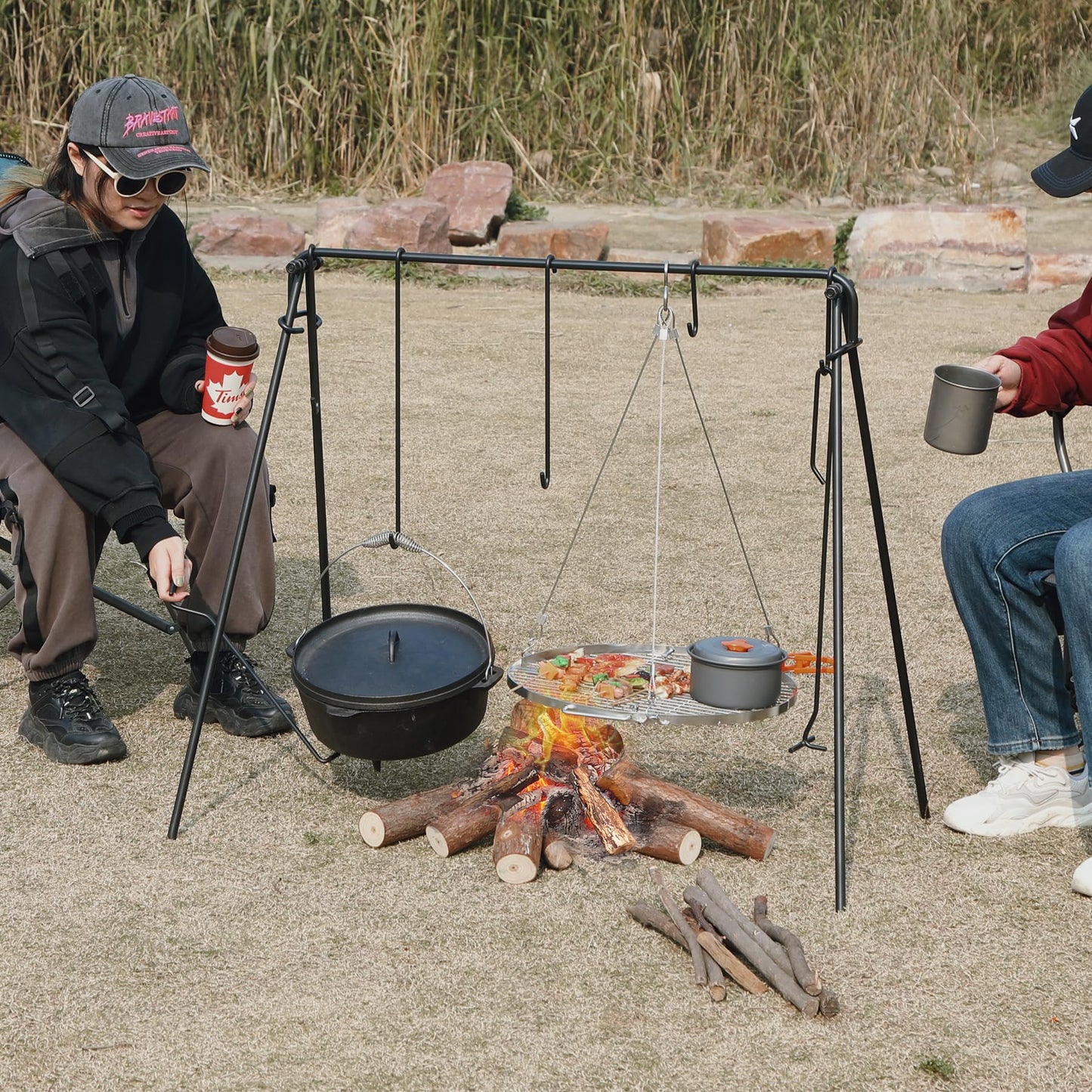 REDCAMP Grill Swing Campfire Grill Stand with Iron Grill Grate, Collapsible Campfire Cooking Rack w/6 Hooks,Portable Cookware Hanging Rack Outdoor Camping Bonfire for Cookware & Dutch Oven,Rectangle