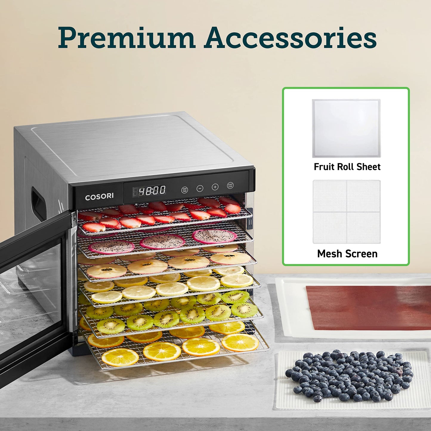 COSORI Food Dehydrator, Bigger Than 7 Trays With Large 6.5" Drying Space, 600W Power Saves More Time Than 480W, 165Β°F Dehydrated Dryer for Jerky, Dog Treats, Herbs, Meat, Fruit, and Yogurt, Silver