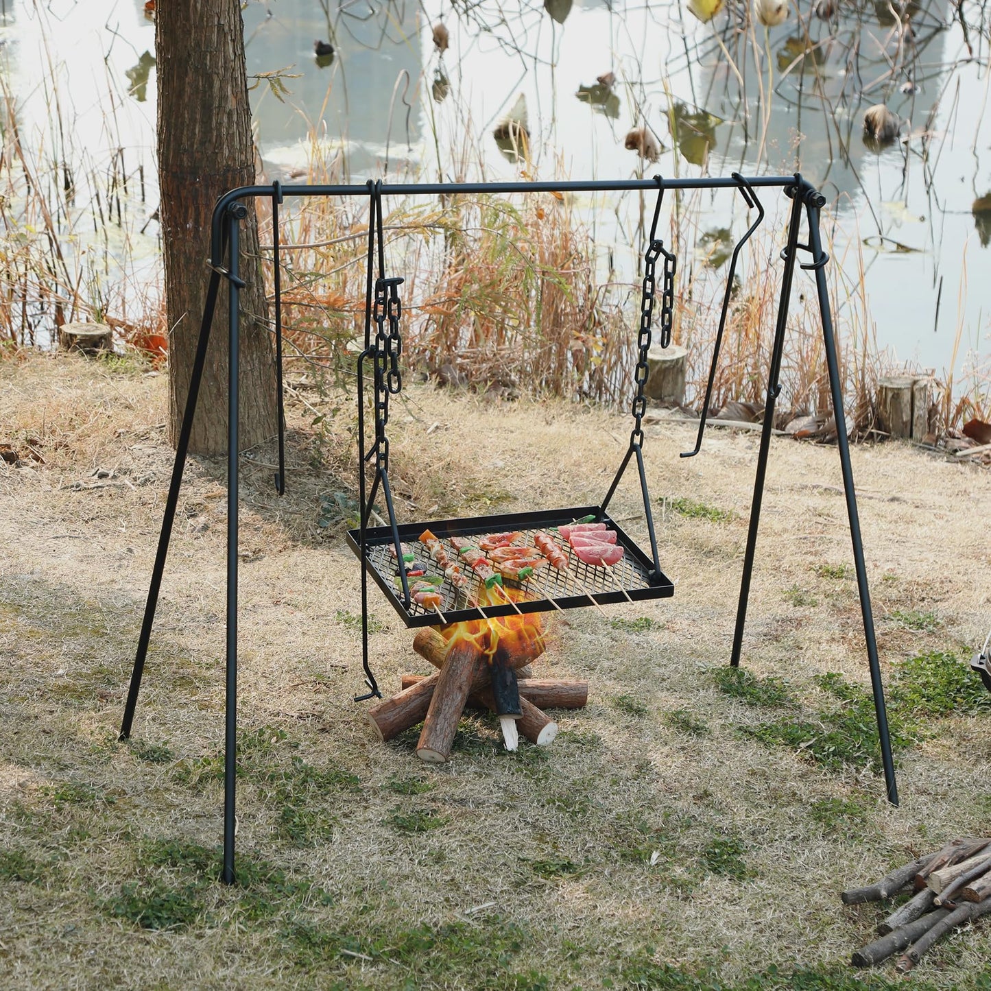 REDCAMP Grill Swing Campfire Grill Stand with Iron Grill Grate, Collapsible Campfire Cooking Rack w/6 Hooks,Portable Cookware Hanging Rack Outdoor Camping Bonfire for Cookware & Dutch Oven,Rectangle