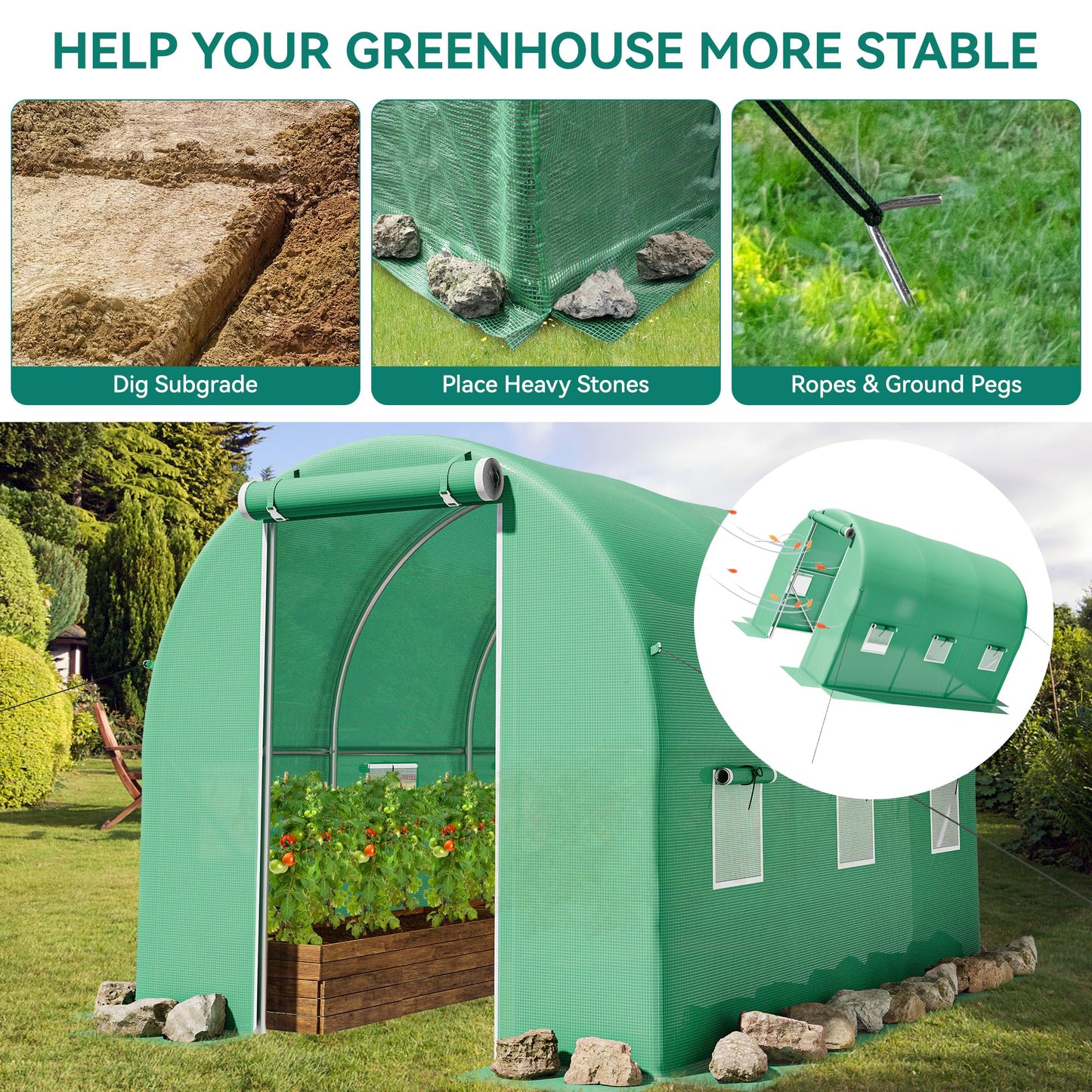 YITAHOME 26x10x6.5ft Greenhouse Large Heavy Duty Tunnel Green Houses Outdoor Plant Gardening Upgraded Galvanized Steel Frame Zipper Doors 7 Crossbars Garden, Green
