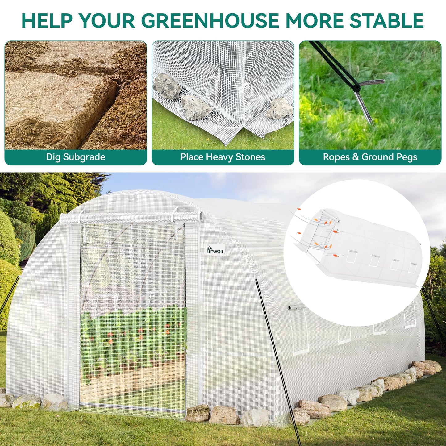 YITAHOME 26x10x6.5ft Greenhouse Large Heavy Duty Tunnel Green Houses Outdoor Plant Gardening Upgraded Galvanized Steel Frame Zipper Doors 7 Crossbars Garden, Green