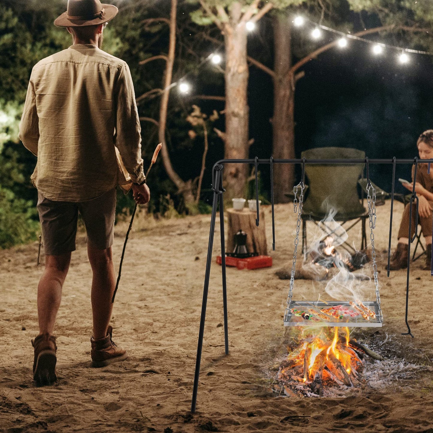 REDCAMP Grill Swing Campfire Grill Stand with Iron Grill Grate, Collapsible Campfire Cooking Rack w/6 Hooks,Portable Cookware Hanging Rack Outdoor Camping Bonfire for Cookware & Dutch Oven,Rectangle