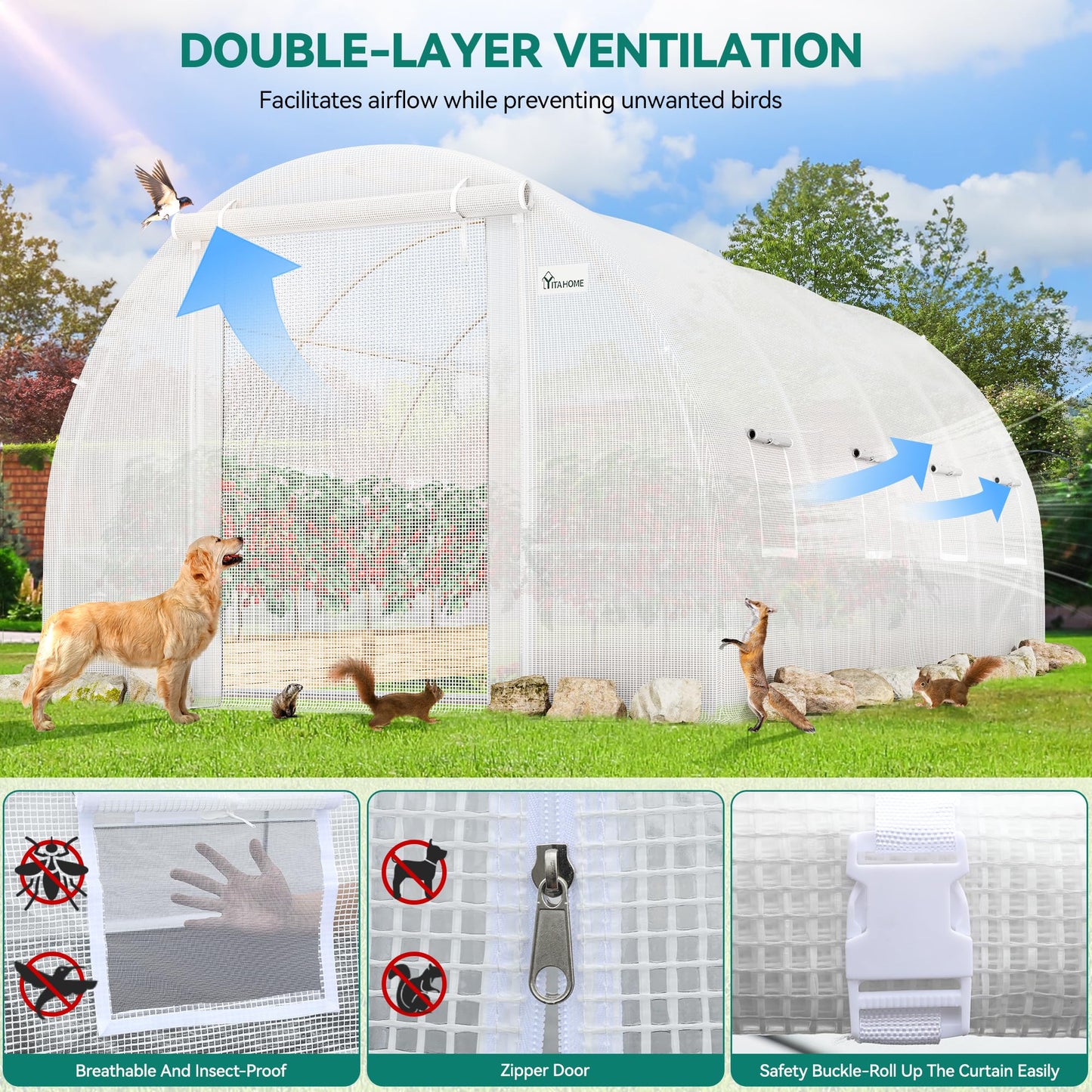 YITAHOME 26x10x6.5ft Greenhouse Large Heavy Duty Tunnel Green Houses Outdoor Plant Gardening Upgraded Galvanized Steel Frame Zipper Doors 7 Crossbars Garden, Green