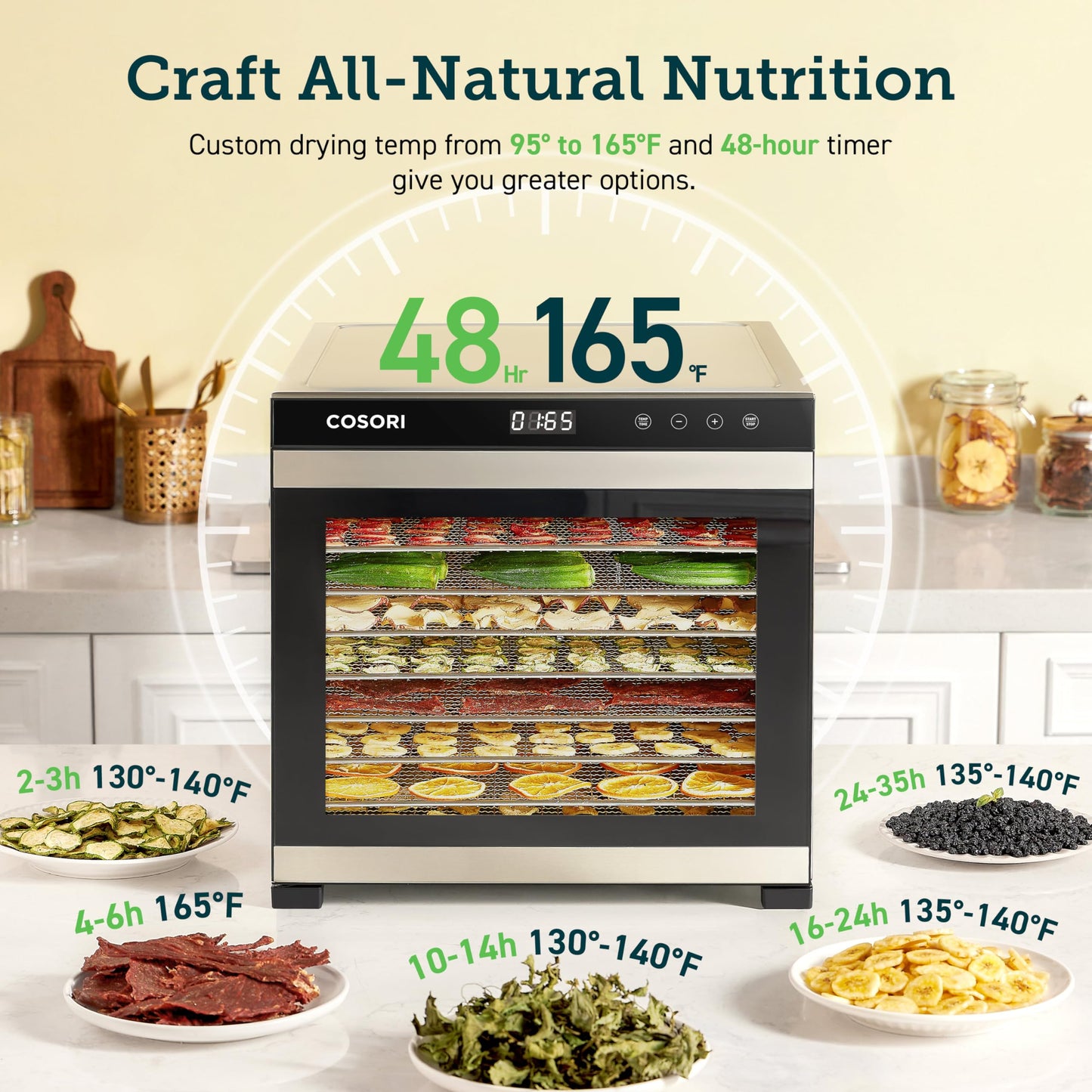 COSORI Food Dehydrator, Bigger Than 7 Trays With Large 6.5" Drying Space, 600W Power Saves More Time Than 480W, 165Β°F Dehydrated Dryer for Jerky, Dog Treats, Herbs, Meat, Fruit, and Yogurt, Silver