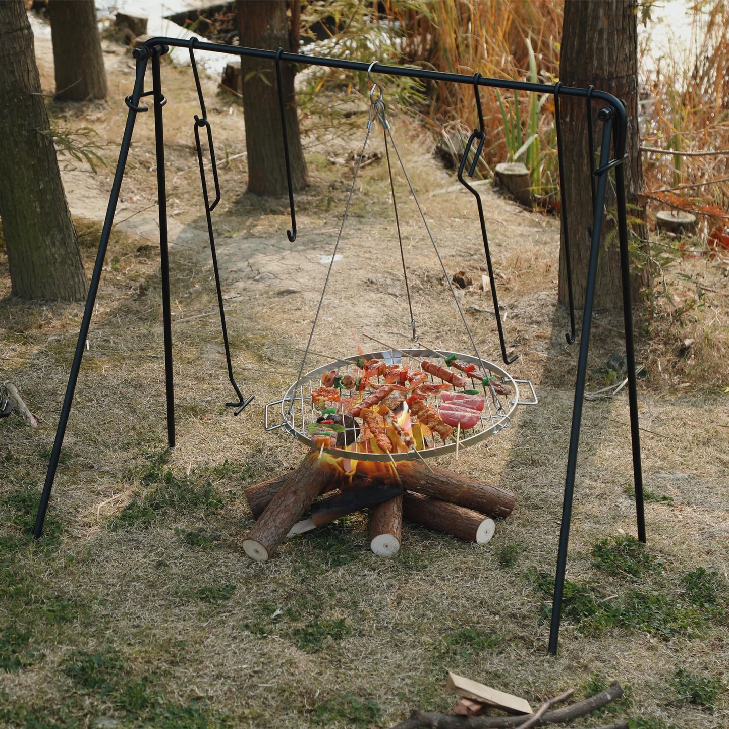 REDCAMP Grill Swing Campfire Grill Stand with Iron Grill Grate, Collapsible Campfire Cooking Rack w/6 Hooks,Portable Cookware Hanging Rack Outdoor Camping Bonfire for Cookware & Dutch Oven,Rectangle