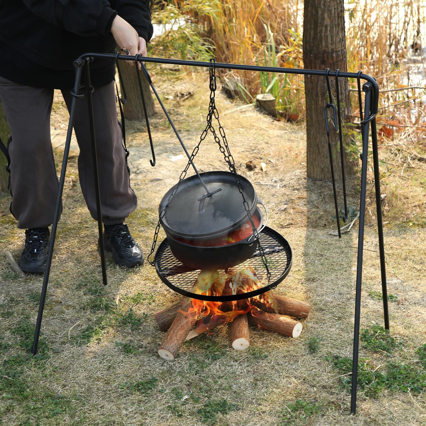 REDCAMP Grill Swing Campfire Grill Stand with Iron Grill Grate, Collapsible Campfire Cooking Rack w/6 Hooks,Portable Cookware Hanging Rack Outdoor Camping Bonfire for Cookware & Dutch Oven,Rectangle
