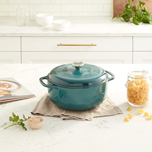 Lodge 6 Quart Enameled Cast Iron Dutch Oven with Lid – Dual Handles – Oven Safe up to 500° F or on Stovetop - Use to Marinate, Cook, Bake, Refrigerate and Serve – Blue