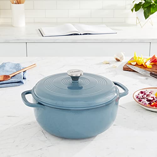 Lodge 6 Quart Enameled Cast Iron Dutch Oven with Lid – Dual Handles – Oven Safe up to 500° F or on Stovetop - Use to Marinate, Cook, Bake, Refrigerate and Serve – Blue