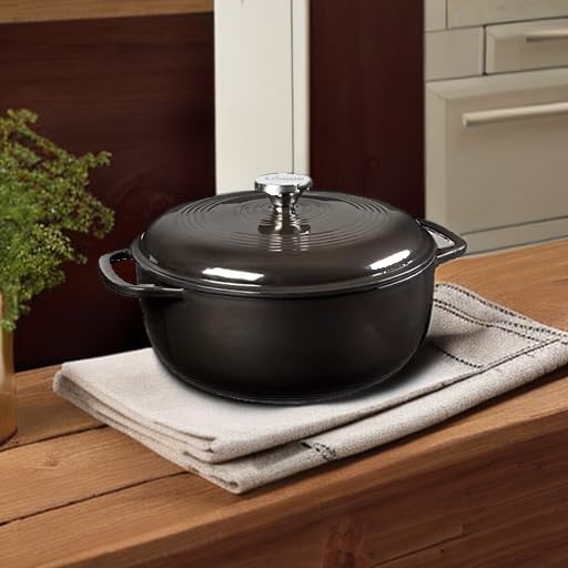 Lodge 6 Quart Enameled Cast Iron Dutch Oven with Lid – Dual Handles – Oven Safe up to 500° F or on Stovetop - Use to Marinate, Cook, Bake, Refrigerate and Serve – Blue