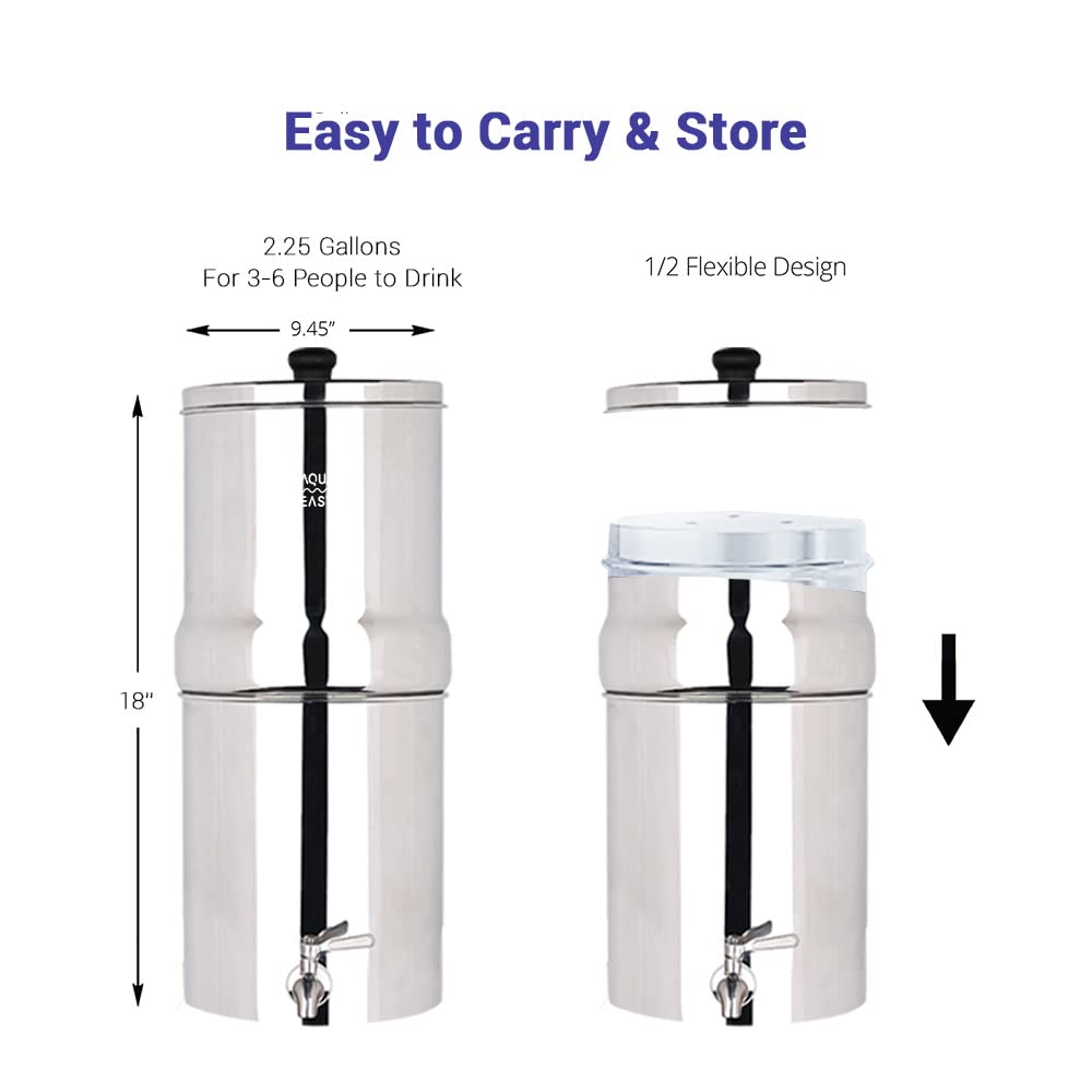 AquaEasy Stainless Steel Gravity Water Filter System (2.25 Gallon) with 2X Activated Carbon Filter, Stainless Steel Tap and Wooden Stand (Black) Countertop Water Filtration System