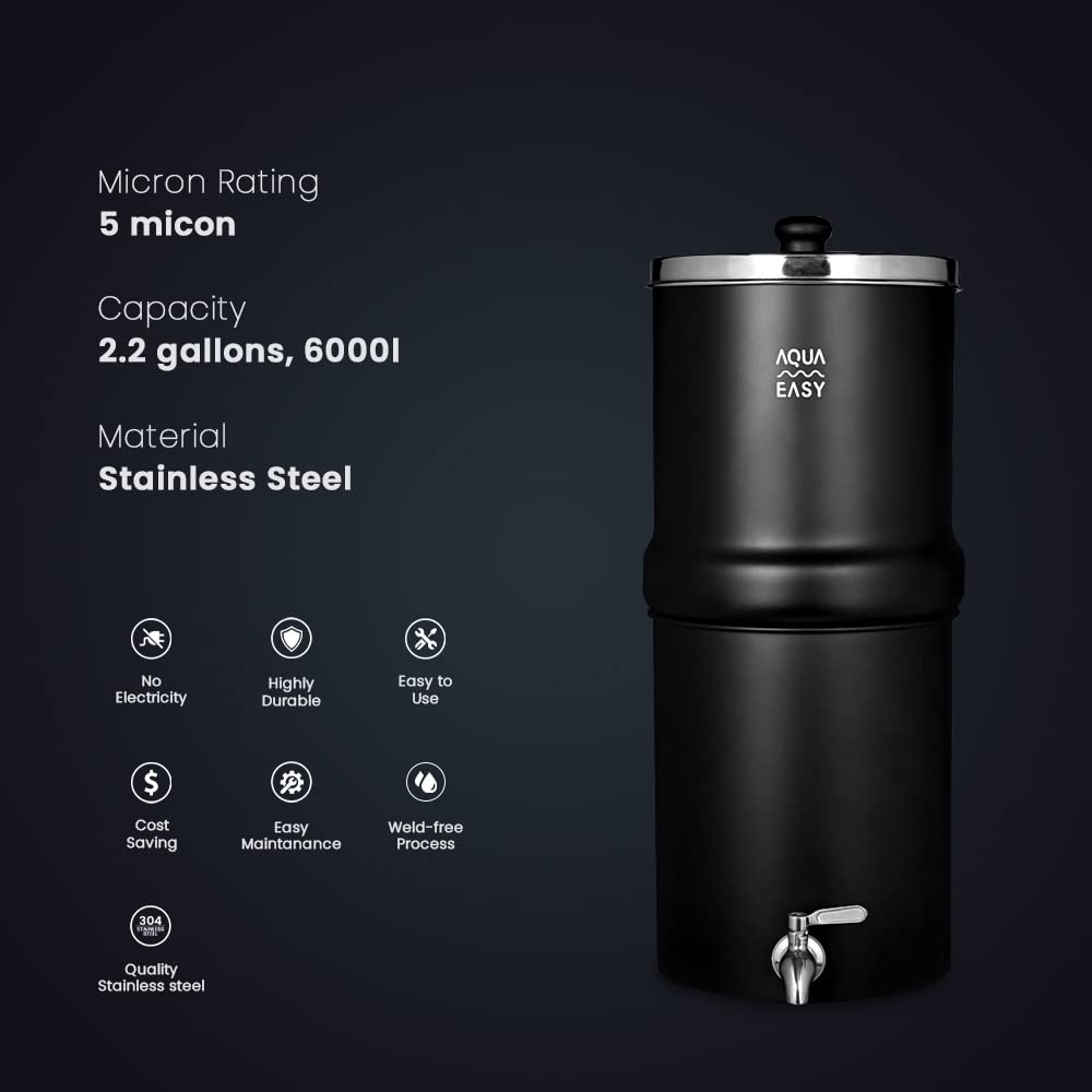 AquaEasy Stainless Steel Gravity Water Filter System (2.25 Gallon) with 2X Activated Carbon Filter, Stainless Steel Tap and Wooden Stand (Black) Countertop Water Filtration System