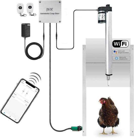 JVR Automatic Chicken Coop Smart Door Compatible with Alexa, Google Assistant - WiFi Electric Opener, Auto Sunrise/Sunset Dusk to Dawn Chicken Coop Doors, Chicken Coop Accessories