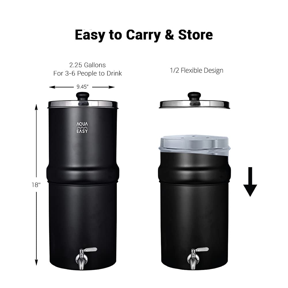 AquaEasy Stainless Steel Gravity Water Filter System (2.25 Gallon) with 2X Activated Carbon Filter, Stainless Steel Tap and Wooden Stand (Black) Countertop Water Filtration System