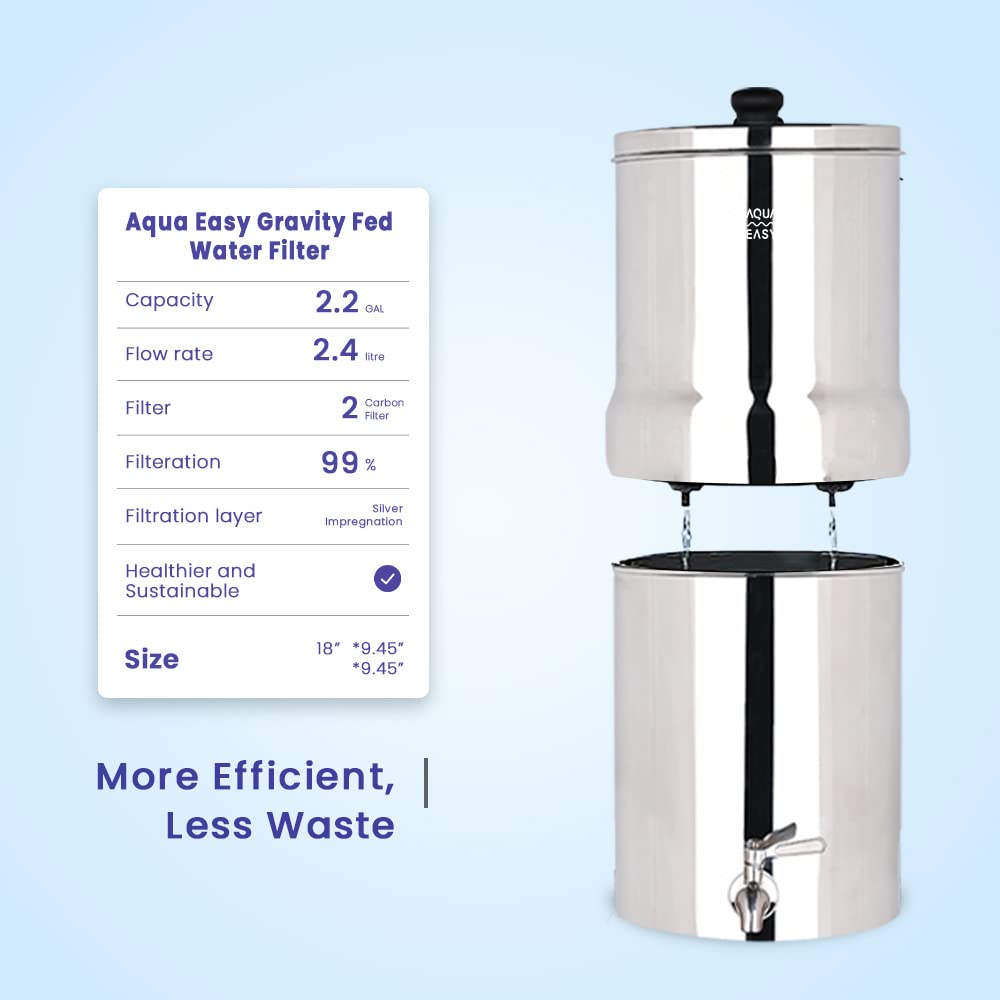 AquaEasy Stainless Steel Gravity Water Filter System (2.25 Gallon) with 2X Activated Carbon Filter, Stainless Steel Tap and Wooden Stand (Black) Countertop Water Filtration System