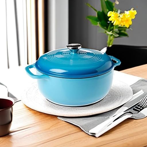 Lodge 6 Quart Enameled Cast Iron Dutch Oven with Lid – Dual Handles – Oven Safe up to 500° F or on Stovetop - Use to Marinate, Cook, Bake, Refrigerate and Serve – Blue