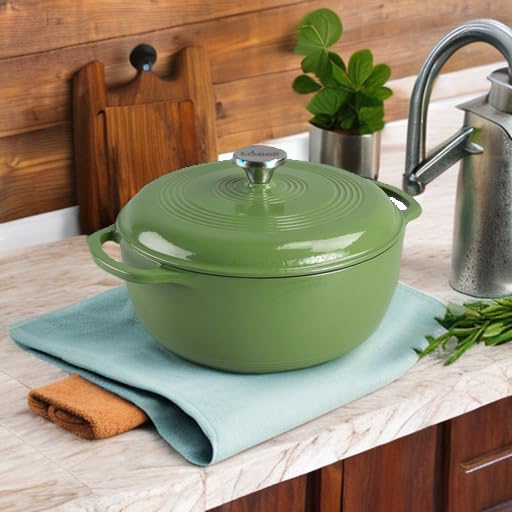 Lodge 6 Quart Enameled Cast Iron Dutch Oven with Lid – Dual Handles – Oven Safe up to 500° F or on Stovetop - Use to Marinate, Cook, Bake, Refrigerate and Serve – Blue