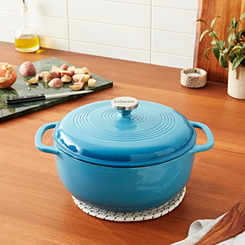 Lodge 6 Quart Enameled Cast Iron Dutch Oven with Lid – Dual Handles – Oven Safe up to 500° F or on Stovetop - Use to Marinate, Cook, Bake, Refrigerate and Serve – Blue