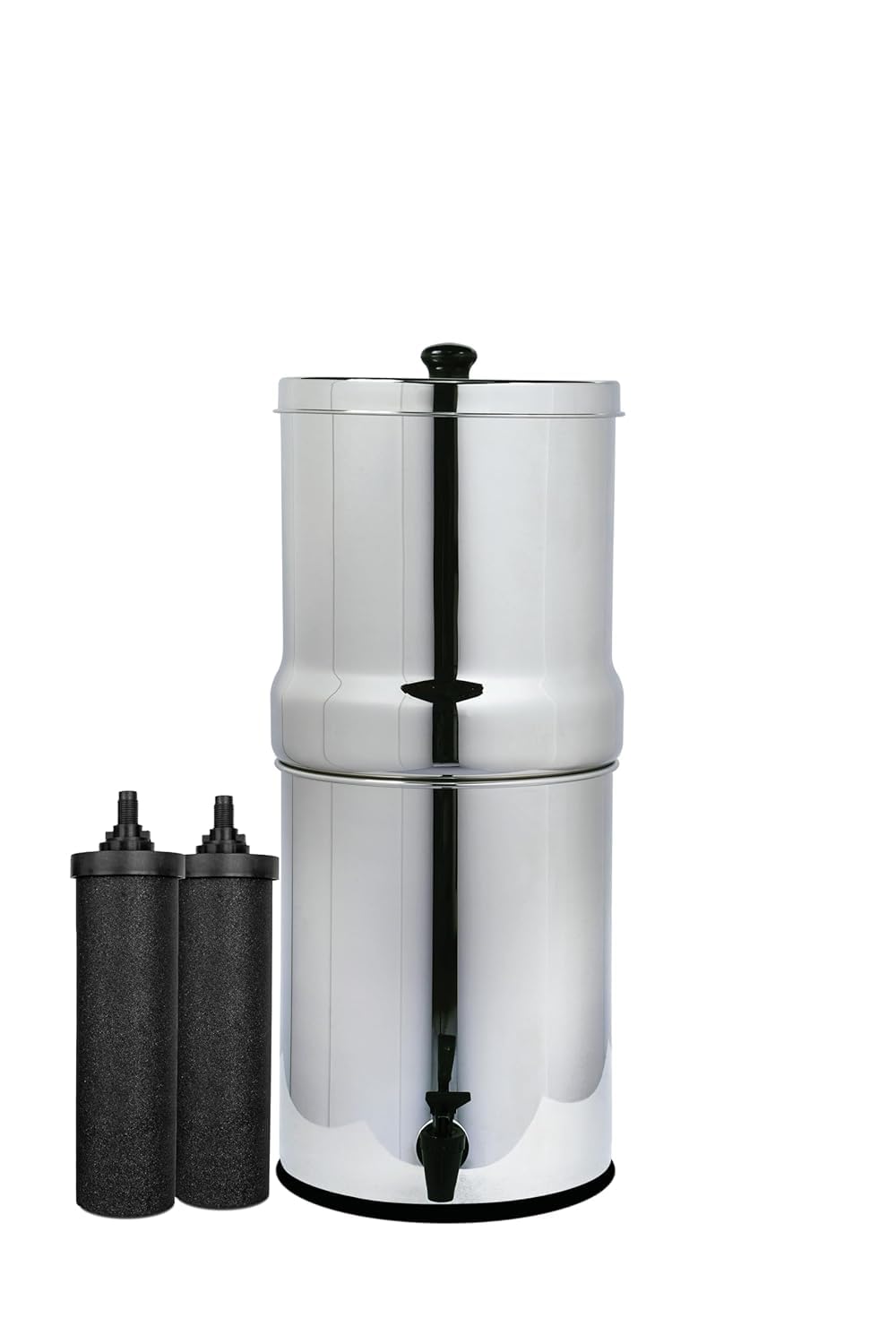 AquaEasy Stainless Steel Gravity Water Filter System (2.25 Gallon) with 2X Activated Carbon Filter, Stainless Steel Tap and Wooden Stand (Black) Countertop Water Filtration System