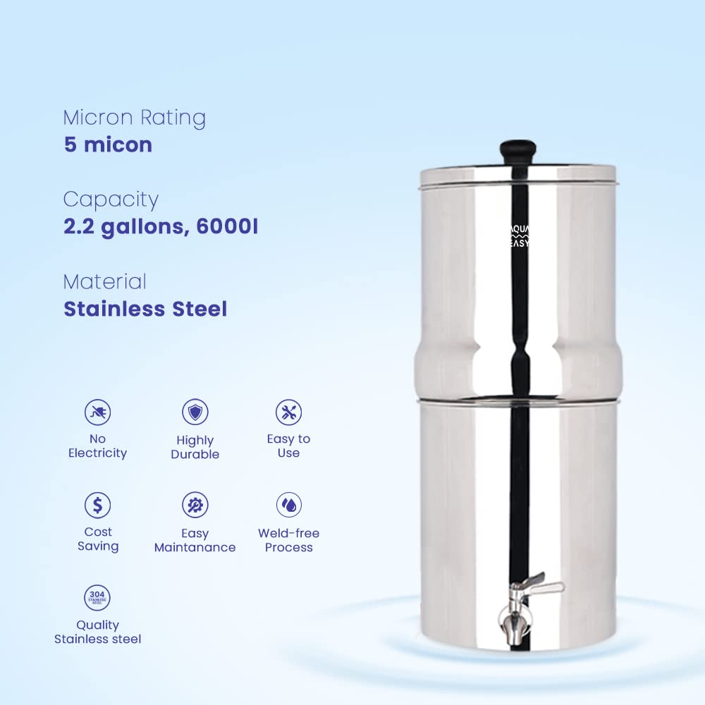 AquaEasy Stainless Steel Gravity Water Filter System (2.25 Gallon) with 2X Activated Carbon Filter, Stainless Steel Tap and Wooden Stand (Black) Countertop Water Filtration System