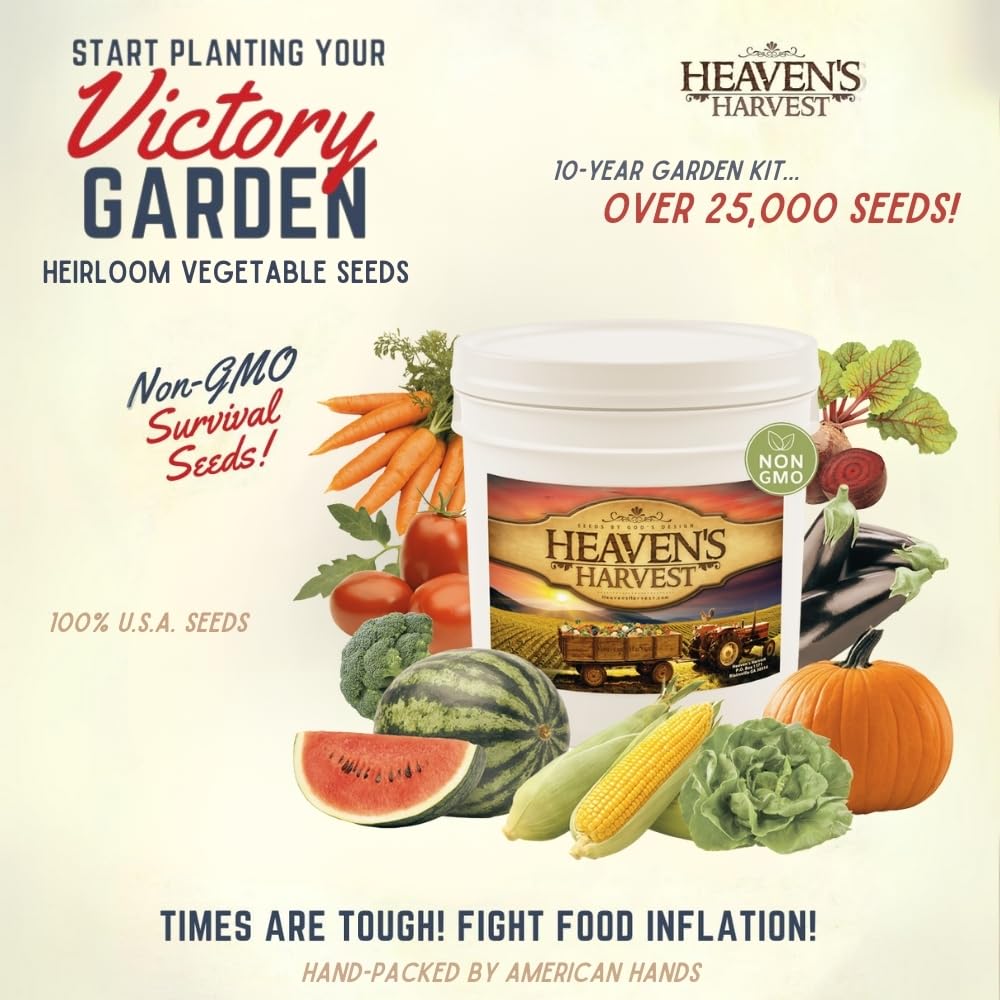 Heaven’s Harvest “10 Year Garden” Survival Seed Bank Kit | Over 25k Non-GMO Heirloom Vegetable Survival Seeds + 2 Free Bonus Items: Clyde’s Garden Planner + Seed Vault Storage Drum for 10 Year Storage