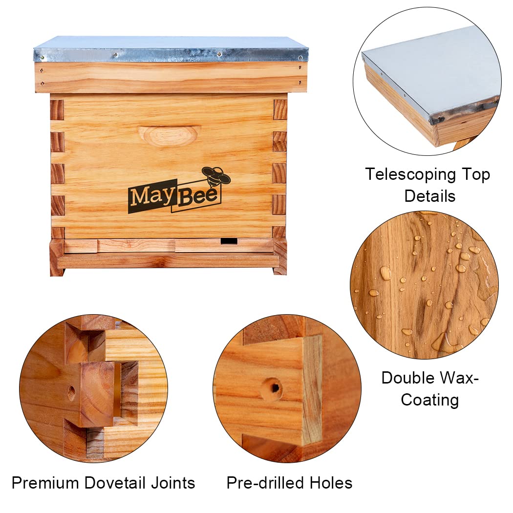 Beehive Starter Kit 10-Frame Bee Boxes and Frames Starter Kit Wax Coated Bee Hives and Supplies Starter Kit Including Beekeeping Tools Kit with Beekeeping Veil