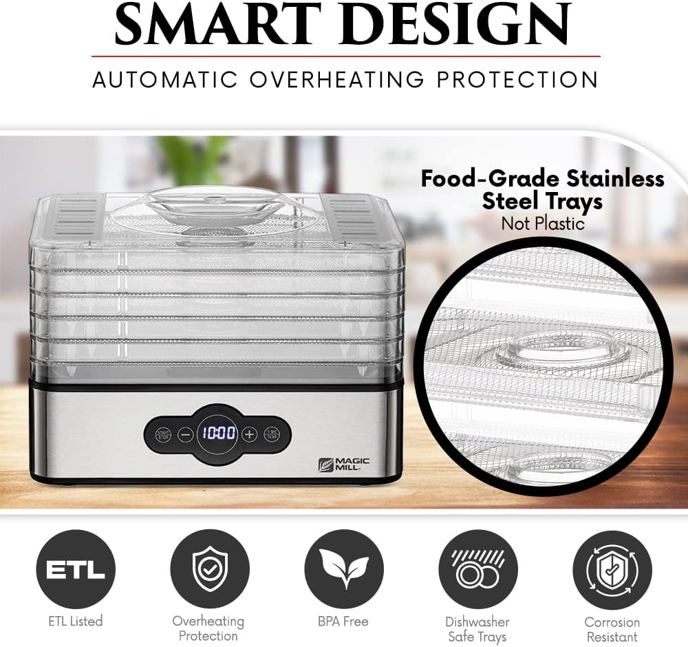 Magic Mill Food Dehydrator Machine | 5 Stackable Stainless Steel Trays Jerky Dryer with Digital Adjustable Timer & Temperature Control - Electric Food Preserver for Fruits, Veggies, Meats & Dog Treats