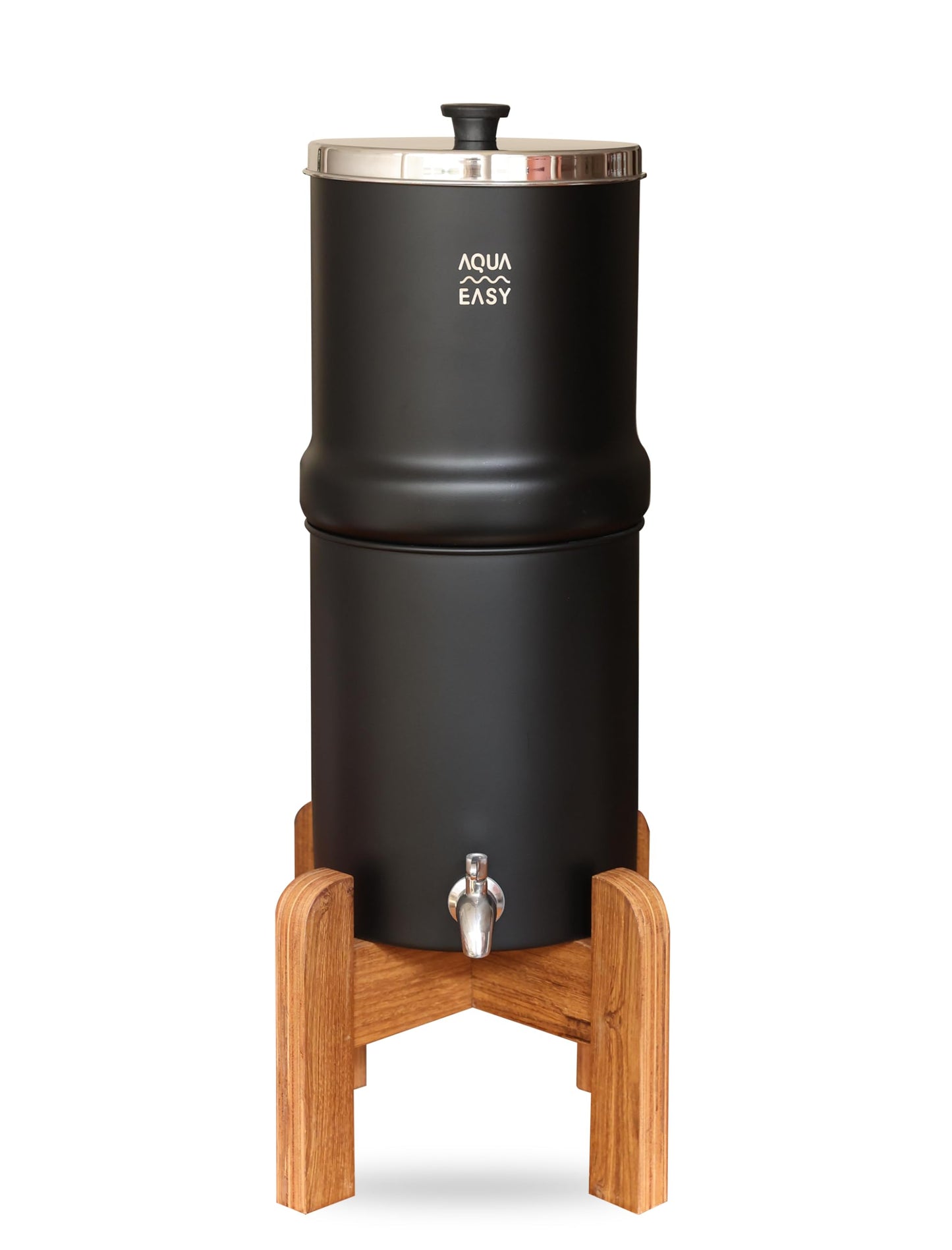 AquaEasy Stainless Steel Gravity Water Filter System (2.25 Gallon) with 2X Activated Carbon Filter, Stainless Steel Tap and Wooden Stand (Black) Countertop Water Filtration System