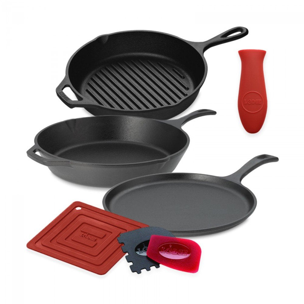 Lodge Seasoned Cast Iron 5 Piece Bundle. 10.5" Griddle, 8" Skillet, 10.25" Skillet, 10.25" Dutch Oven, and 10.25" Lid,Black