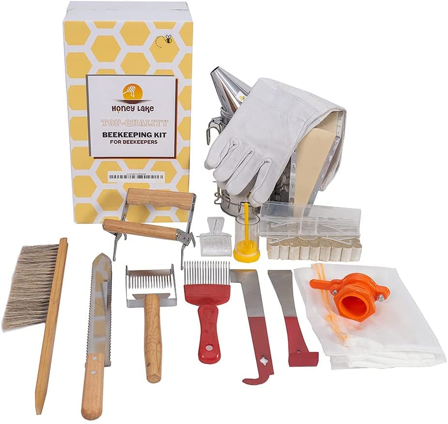 Honey Lake 10 Frame Bee Hive Starter Kit and Beekeeping Supplies, Beeswax Coated Bee Hives Boxes Starter Kit with Beehive Tool Kit Includes Bee Smoker Beekeeper Hat