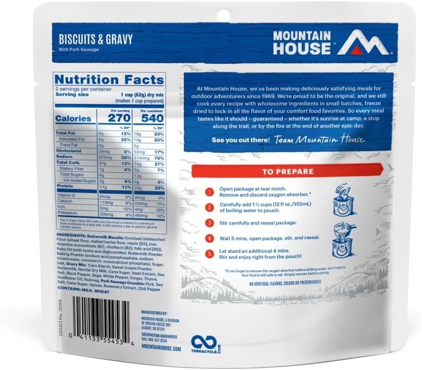 Mountain House Biscuits & Gravy | Freeze Dried Backpacking & Camping Food |2 Servings