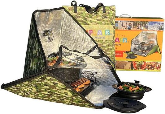 Portable Solar Oven Deluxe (Camo) with Complete Cookware, Dehydrating Racks, and Thermometer - Great for Camping, Outdoor Activities