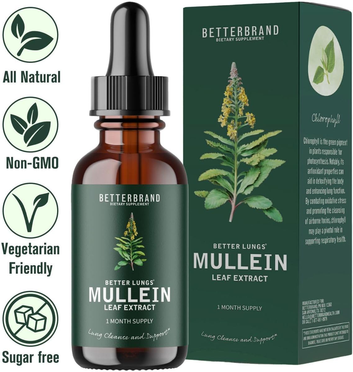 Betterbrand BetterLungs Mullein Leaf Extract - Support Lung Cleanse & Respiratory Function for Healthy Breathing - Natural Supplement, Tincture Drops | Non-GMO, Vegetarian | 1 Month Supply