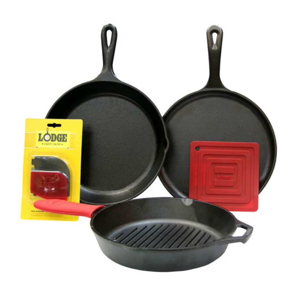 Lodge Seasoned Cast Iron 5 Piece Bundle. 10.5" Griddle, 8" Skillet, 10.25" Skillet, 10.25" Dutch Oven, and 10.25" Lid,Black